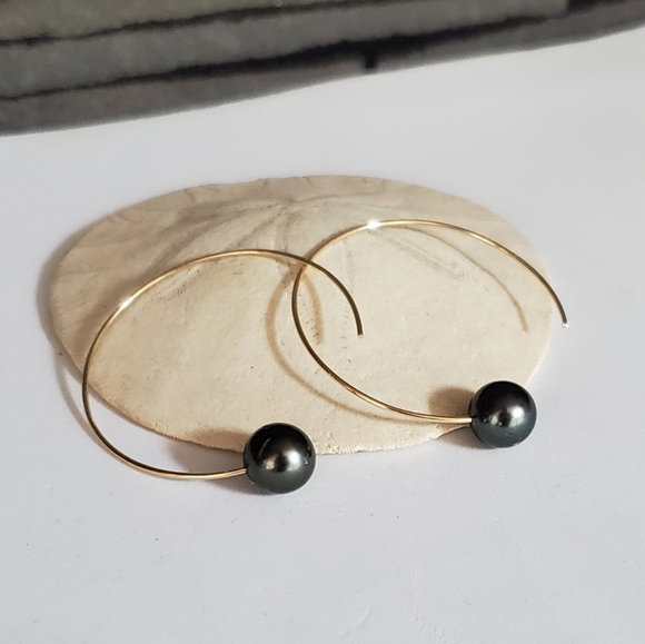 Tahitian pearl hoops earrings gold filled silver - Picture 2 of 3
